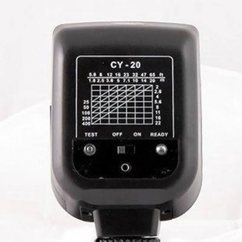 Compact SLR camera flash unit with its head tilted upwards, showing hot shoe mount.