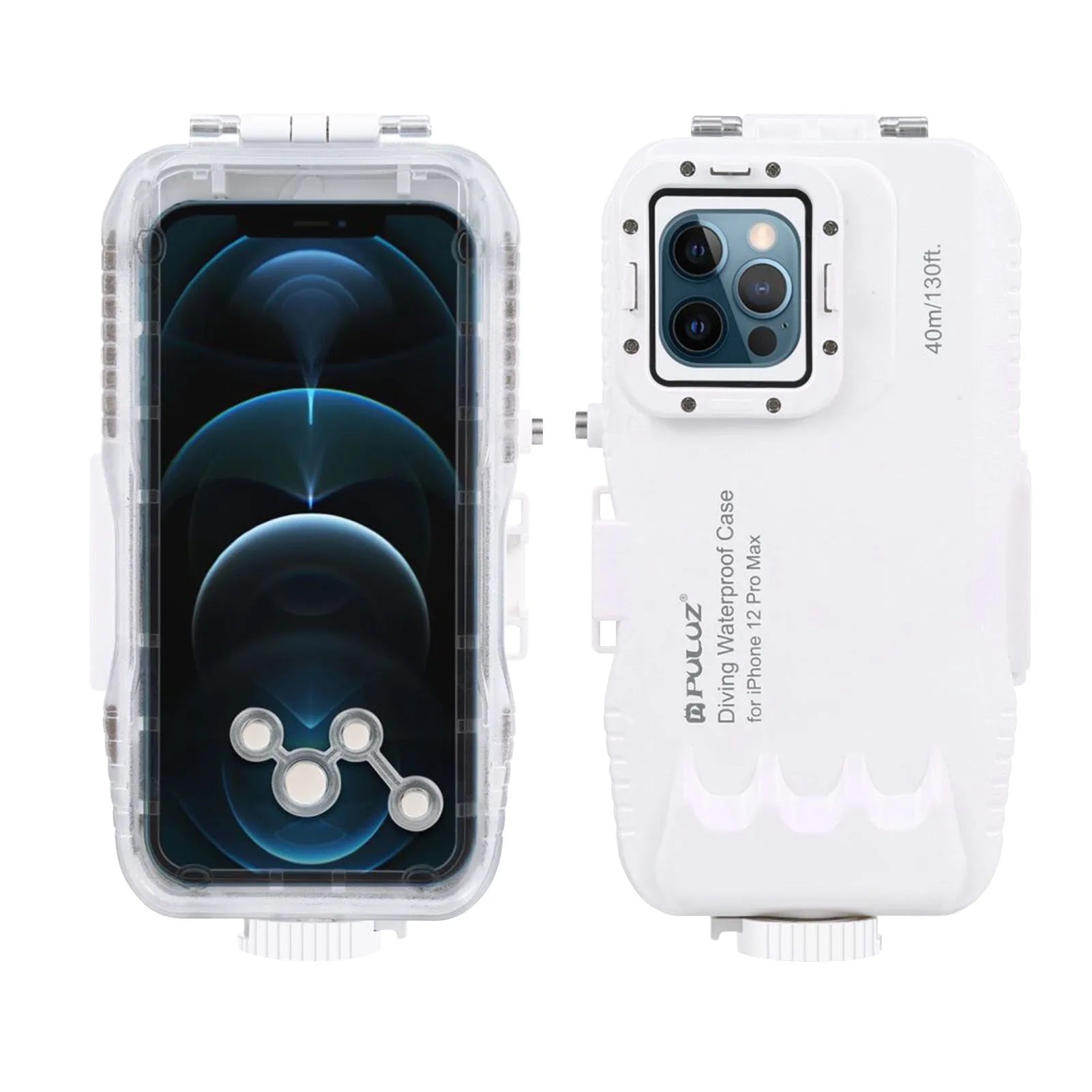 White waterproof diving phone case with 40 metre depth rating for iPhone 12 and 13 series