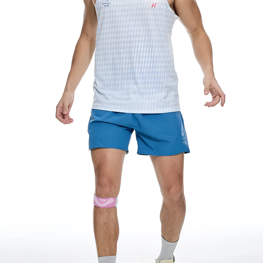 Black and blue four-point stretch running shorts with laser-stitched seams laid flat.