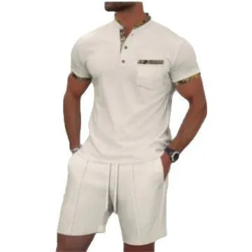 Men's grey cotton blend summer suit set with polo collar top and matching shorts