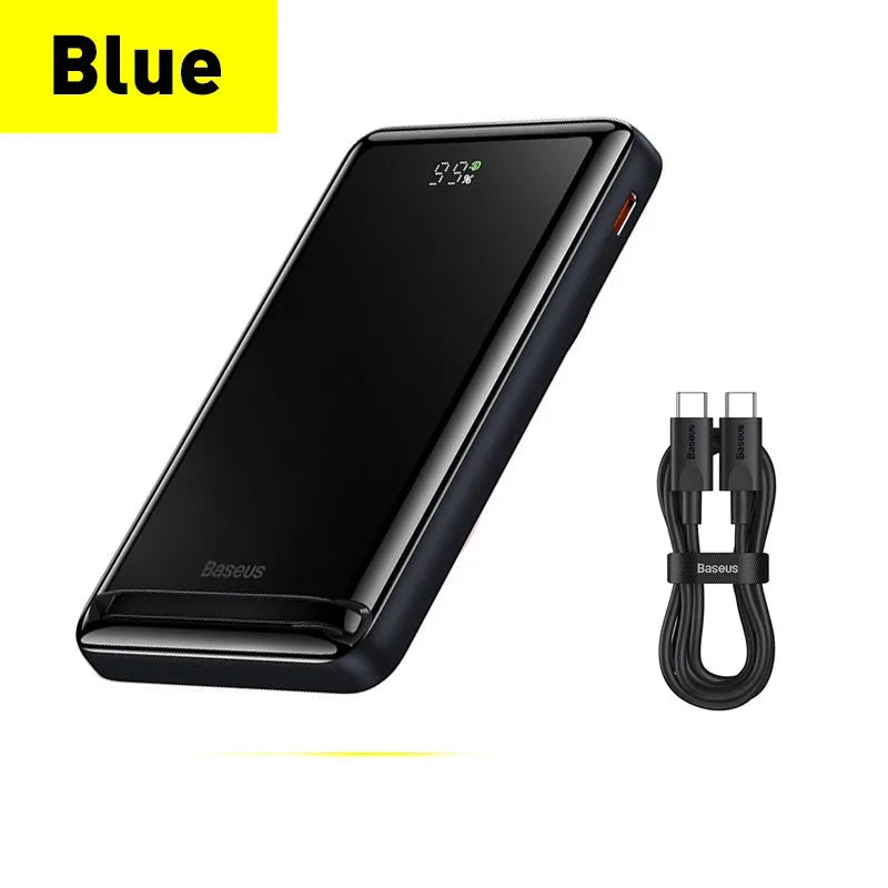 Blue 3-in-1 magnetic power bank with wireless charging capability showing compact dimensions