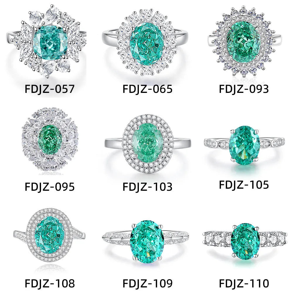 S925 sterling silver women's ring with a green emerald in a Palaibahao design and an inlaid high-carbon diamond on a geometric ellipse band.