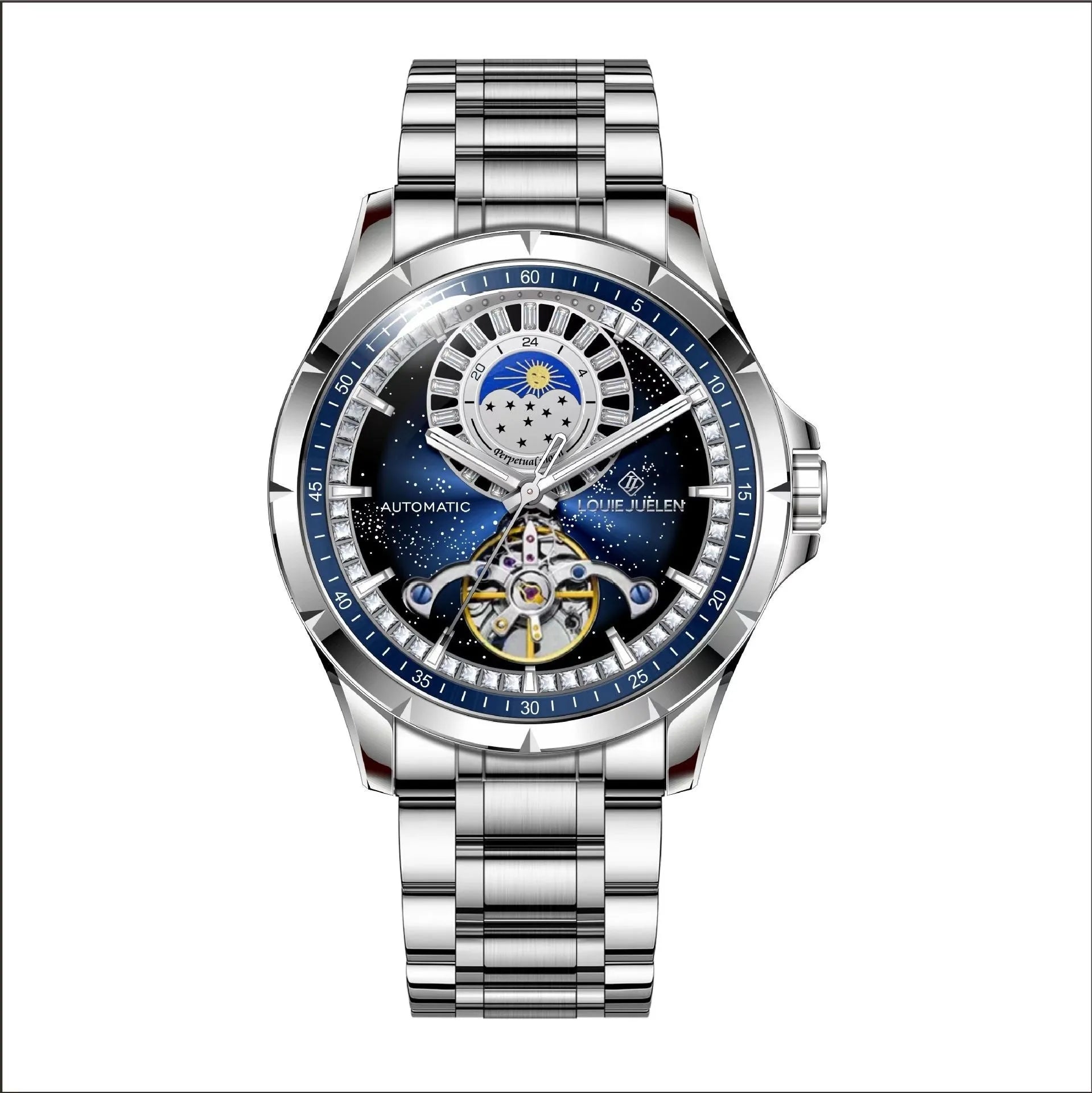 Men's waterproof automatic mechanical watch with silver case, blue dial and stainless steel strap
