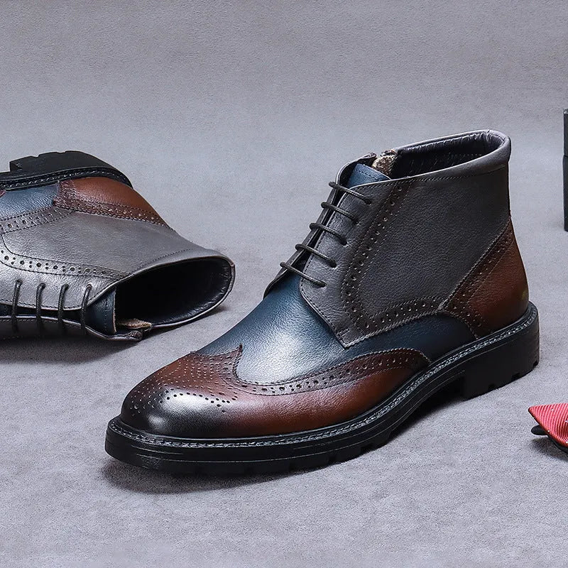 Men's Coffee Blue leather brogue boots with stitching detail and a low square heel.