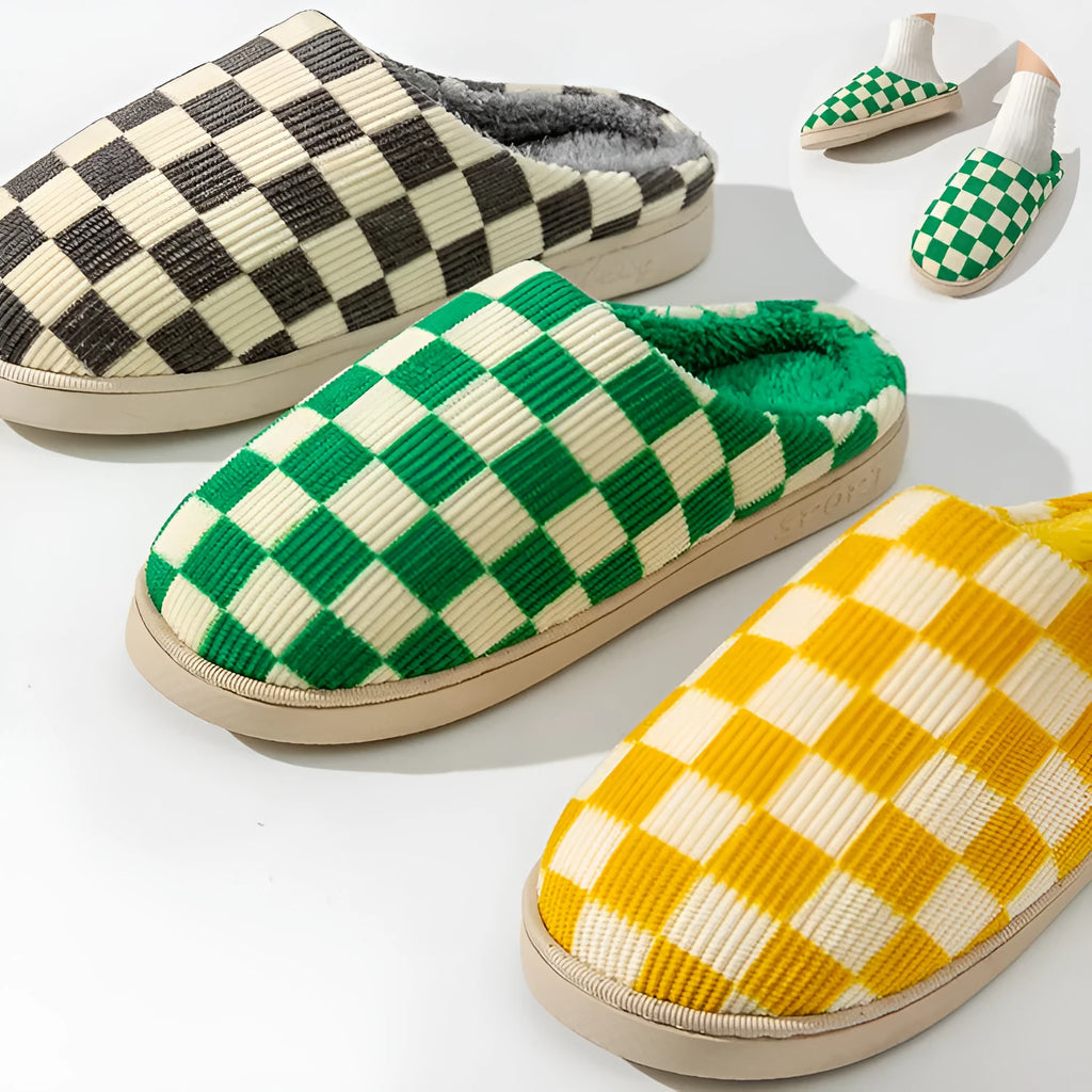 Gradient plush winter slippers for women with corduroy and arctic velvet upper, anti-skid PVC sole, round toe, flat heel, available in multiple colours