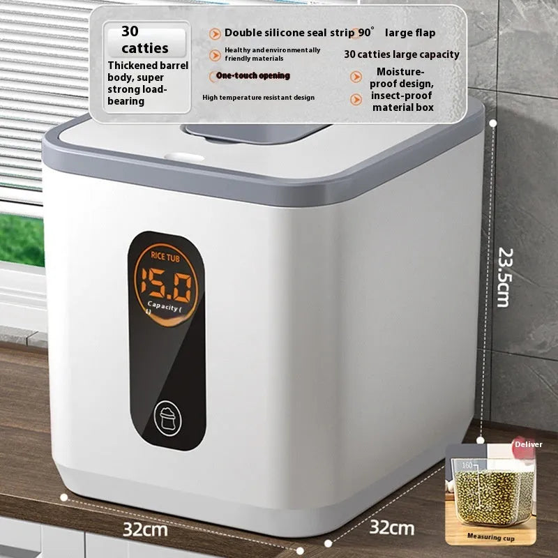 Grey plastic rice storage jar with a sealed lid and a measuring cup