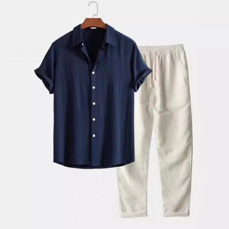 Men's casual loose fit short sleeve shirt and trousers suit in linen-look fabric.
