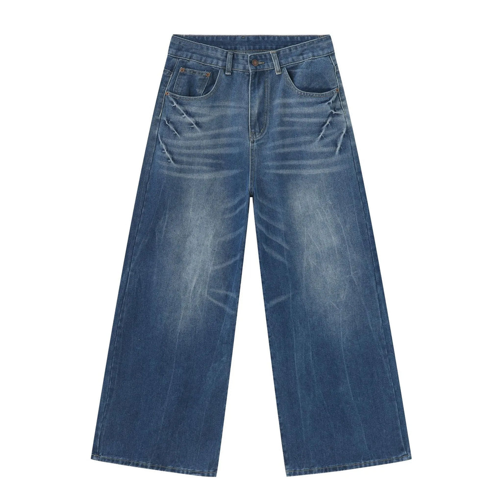 Men's retro washed light blue straight wide leg jeans with zipper fly, front view