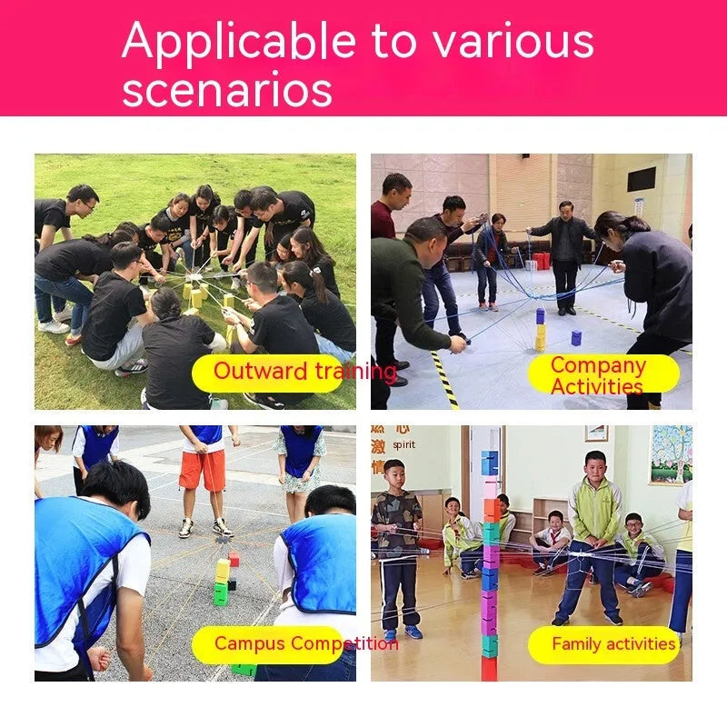 Set of coloured ABS plastic blocks, ropes, and a frame for outdoor group building games and team challenges.