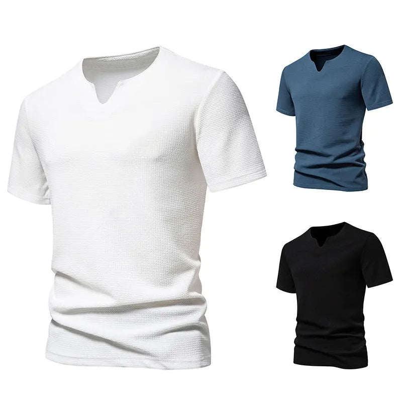 Men's bubble cloth V-neck short sleeve T-shirt in solid colour, loose fit, cotton blend