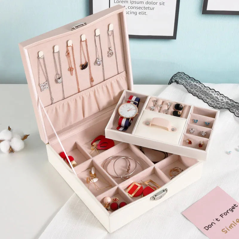 Red and white minimalist PU leather jewellery storage box for necklaces and rings, 21cm diameter.