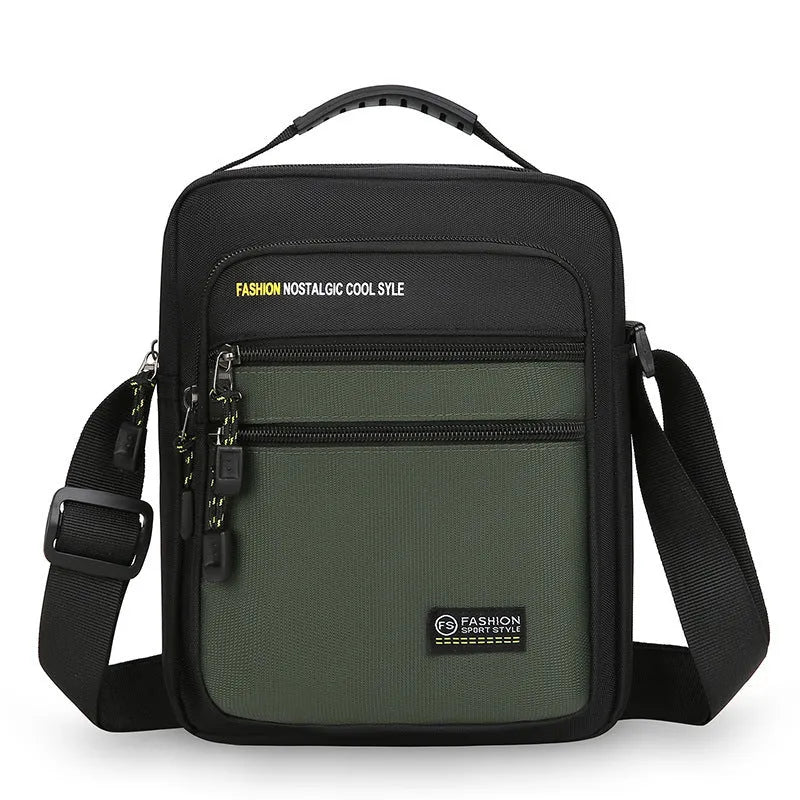Men's nylon crossbody bag in solid colour with multiple pockets and adjustable shoulder strap
