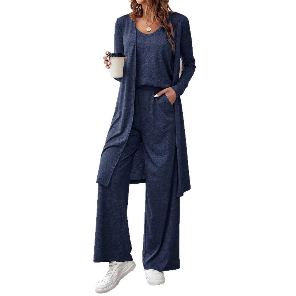 Women's blue polyester three-piece casual suit with sling top, long cardigan, and trousers