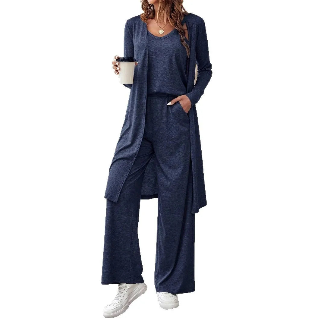 Women's blue polyester three-piece casual suit with sling top, long cardigan, and trousers