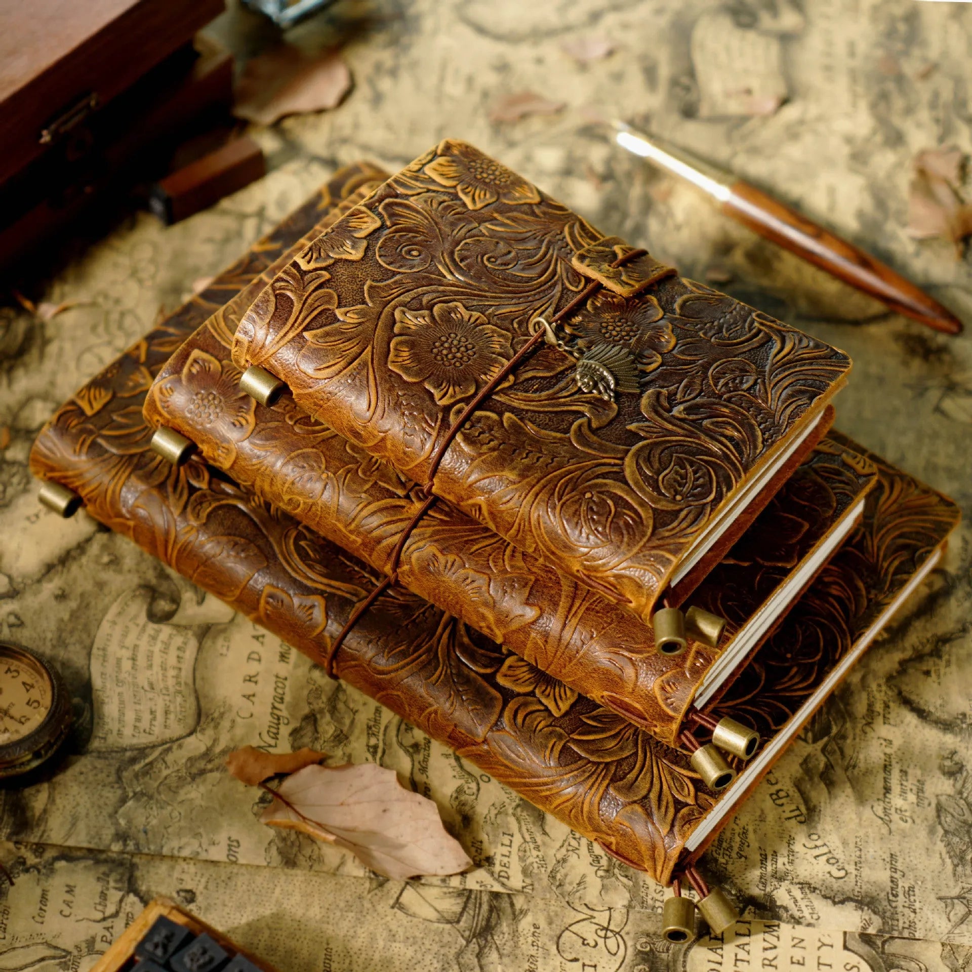Creative vintage engraving cowhide travel notepad in black A5 size with genuine leather cover