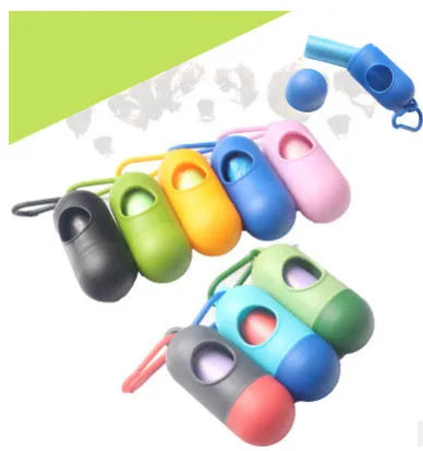 Compact dog poop bag holder with hook and Velcro strap attached to a leash handle, available in multiple colours
