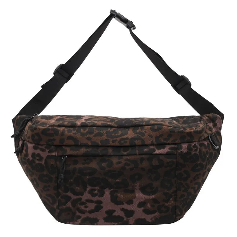 Retro leopard print patchwork canvas chest bag in khaki with soft crossbody design