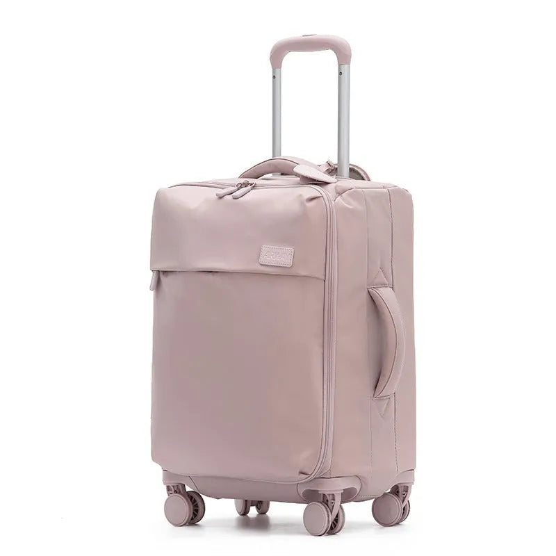 Ultra-light waterproof Oxford cloth suitcase in bluestone green with universal wheels, shown in a 24-inch size.