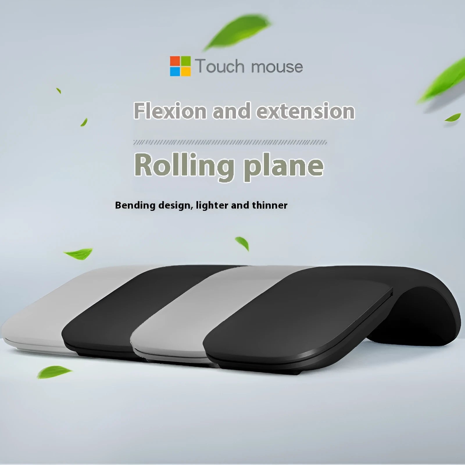 Folding wireless Bluetooth mouse showing compact design with touch surface and portable folded position