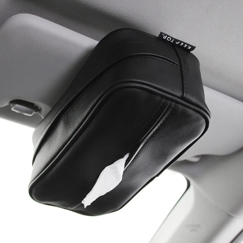 Black PU leather hanging storage bag with zip for car and home organisation