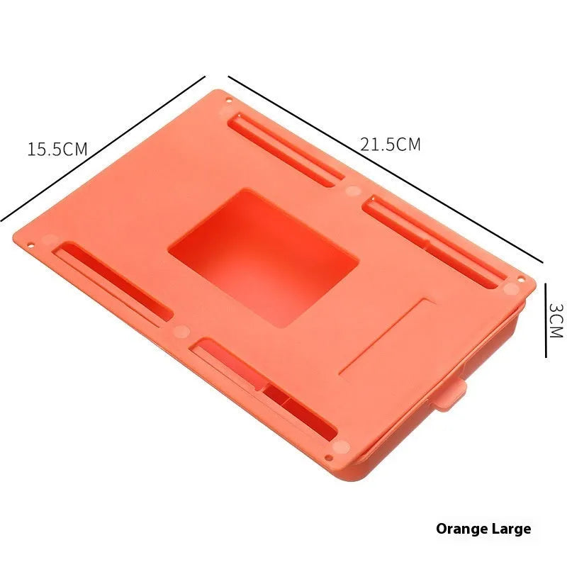 White adhesive under desk storage drawer with lid open, showing interior grid divider.