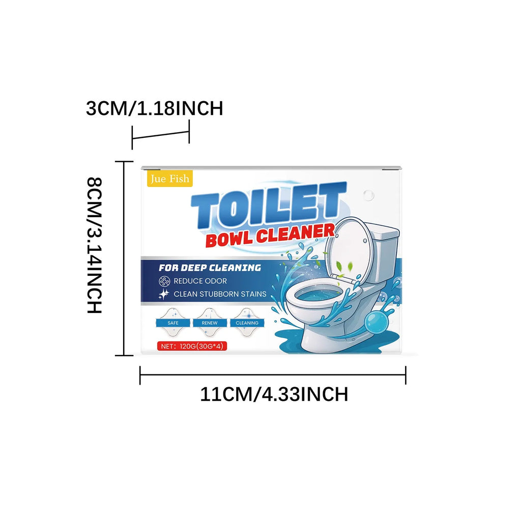 Box of toilet cleaning powder containing four 30g sachets, shown next to an open sachet of white granules.