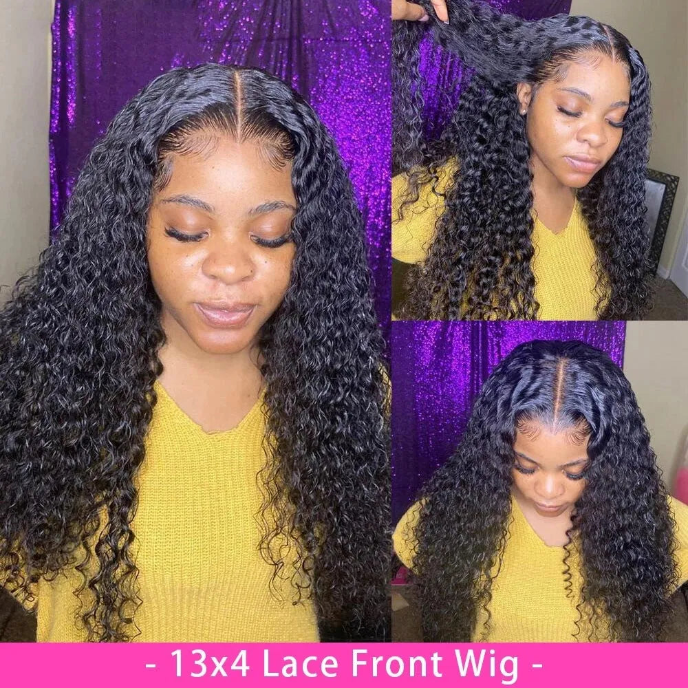 Curly human hair lace front wig on a stand, showing a 13x6 lace front and long, dark curly hair.