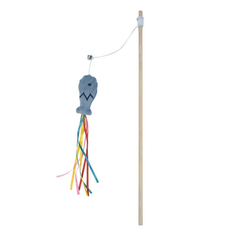 Blue cat wand toy with colourful ribbons, a catnip fish, and a bell on a wooden handle.