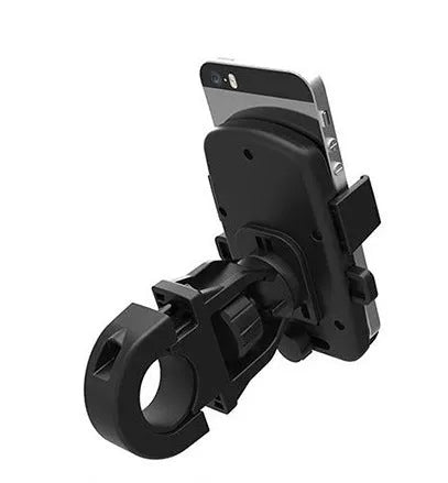 Black ABS plastic bicycle mobile phone holder with an adjustable security strap on handlebars.