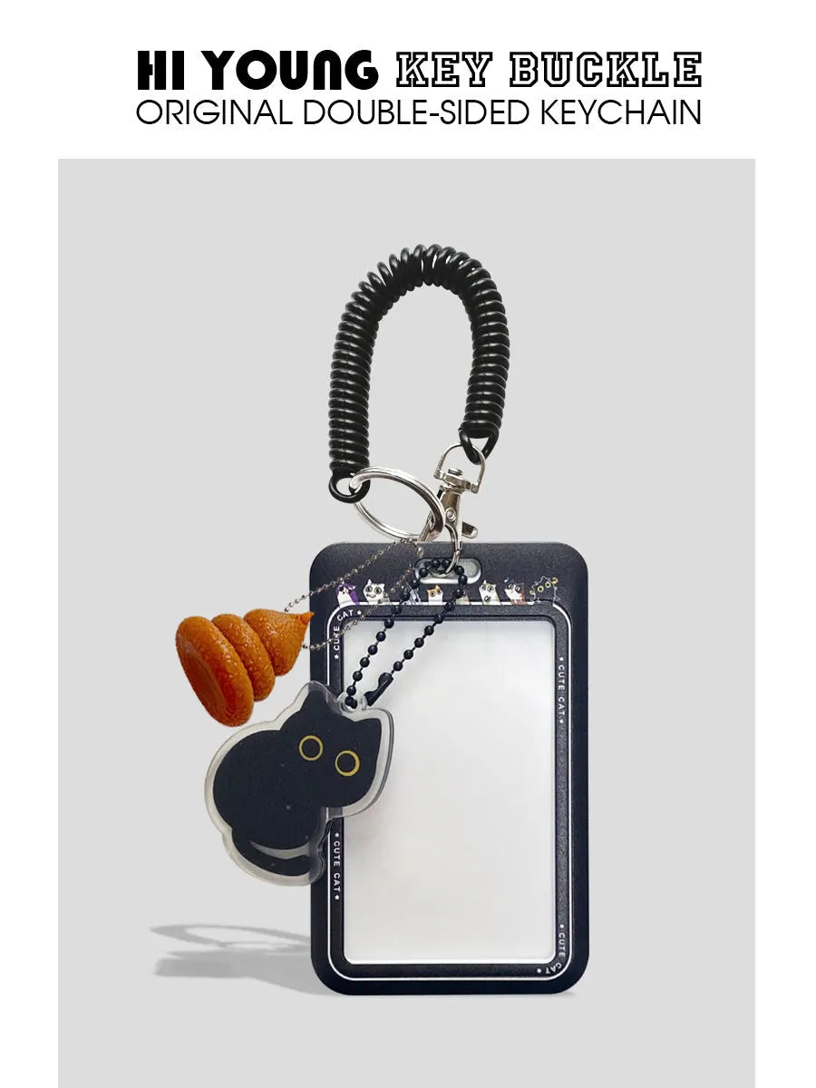 Cartoon black cat design plastic card sleeve holder with metal keychain clip