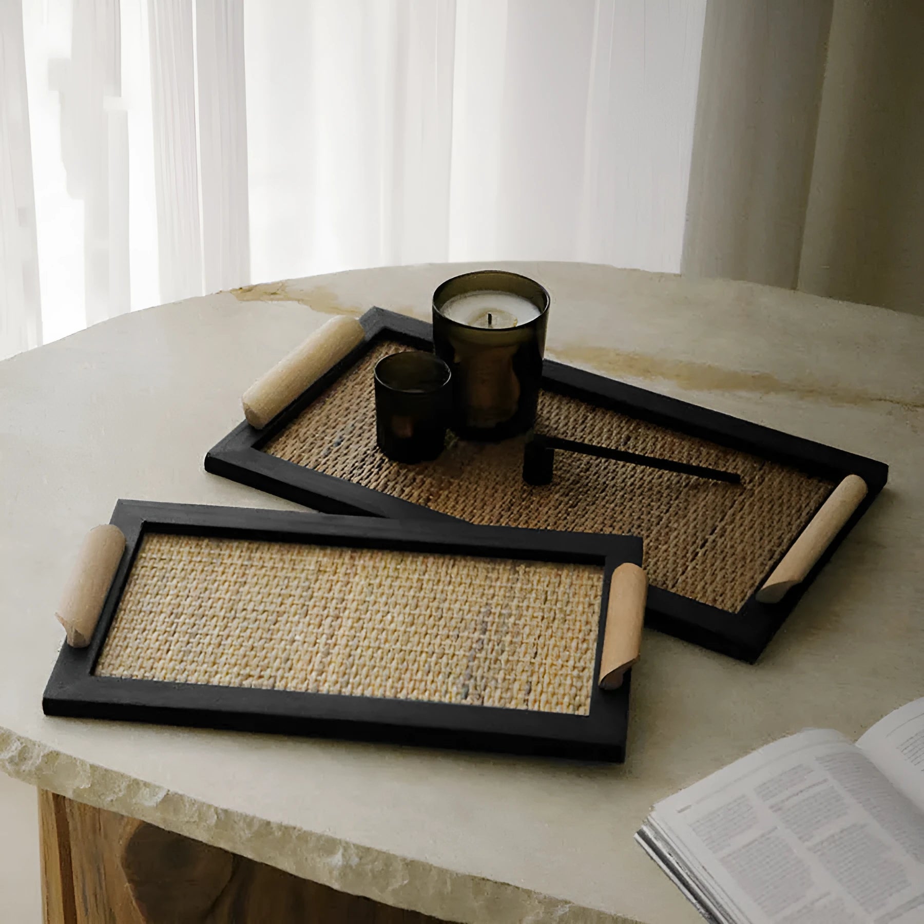 Pine wood dining tray with multiple compartments for organising items in living room or tea room
