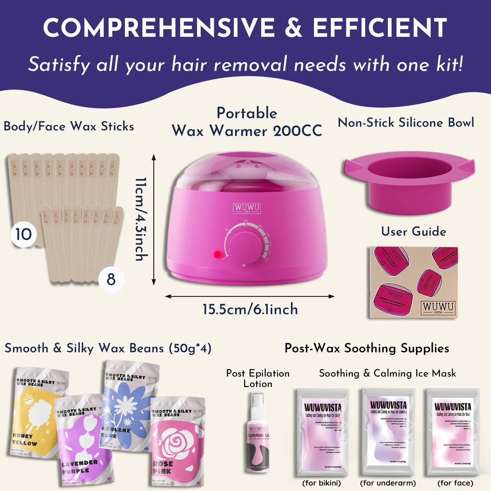 29-piece waxing kit with black wax warmer, wax beads, applicator sticks, and aftercare products