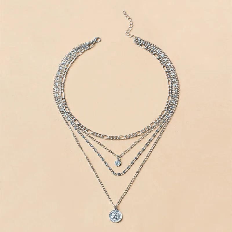 Chunky layered coin necklace gold finish water wave chain for women 41-50cm
