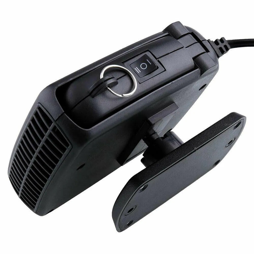 Portable 12V/24V car heater fan, black ABS, windscreen demister defroster with 360-degree rotation, compact size 13 x 11 x 4 cm.