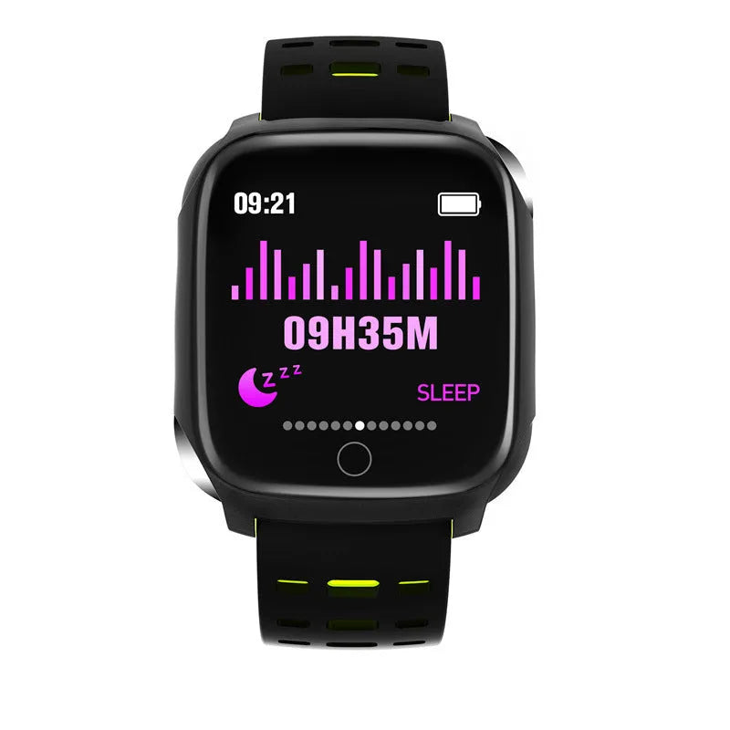 F16 Smart Watch with ECG monitoring on wrist showing black/green silicone band and 43mm display