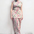 Printed chiffon dress set with matching top showing high waist design and long sleeves