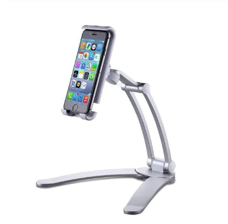 Silver aluminum alloy tablet stand with white mount holding tablet at adjustable angle
