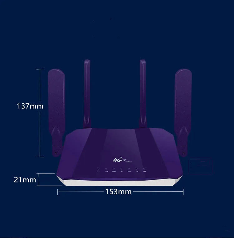 Blue dual mode 4G and wired router with four extended antennas showing front panel indicators