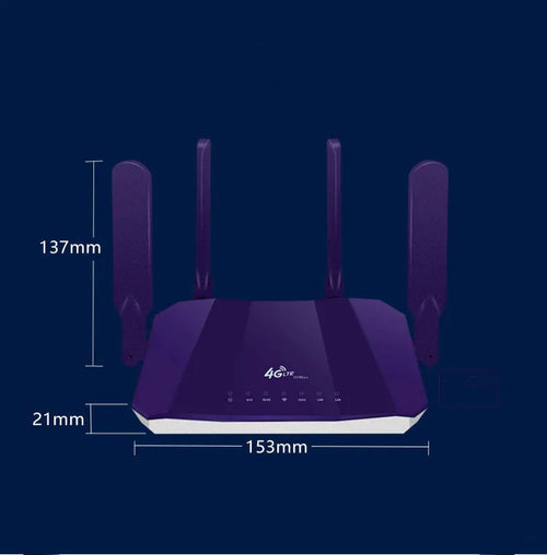 Blue dual mode 4G and wired router with four extended antennas showing front panel indicators