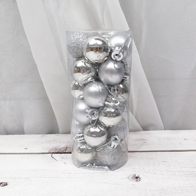 Assorted metallic gold, red, silver, and blue 3cm plastic Christmas bauble ornaments in a box.