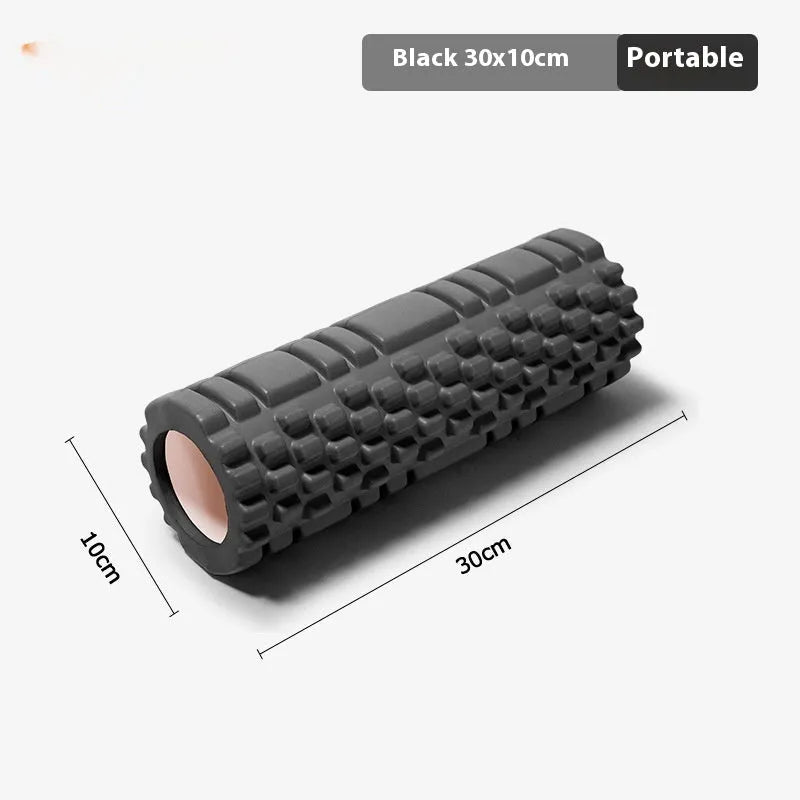 A black EVA foam roller for fitness and muscle recovery, shown next to a grey and pink version.