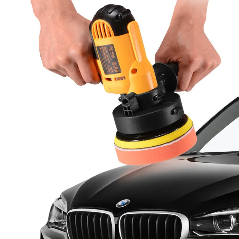 Yellow automotive polishing machine with 125mm disc for car metal wood ceramic leather surfaces