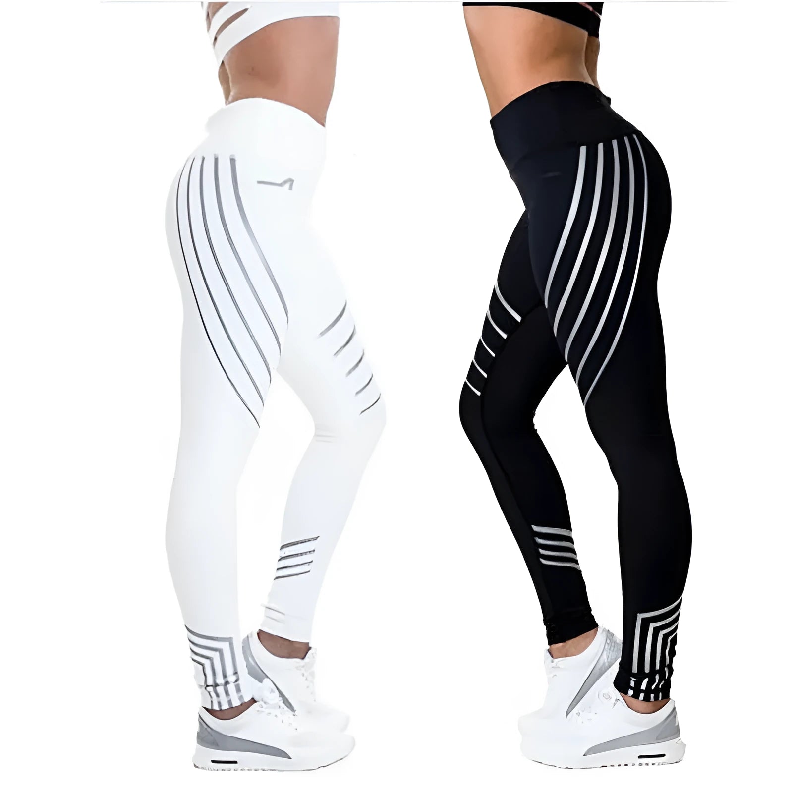 Women's black and white print workout leggings with slim fit pencil pants design.