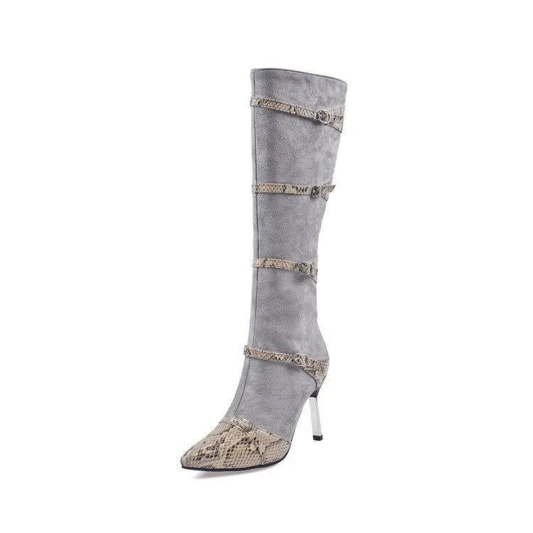 Grey and black women's knee-high boots with a thin high heel on a rubber sole