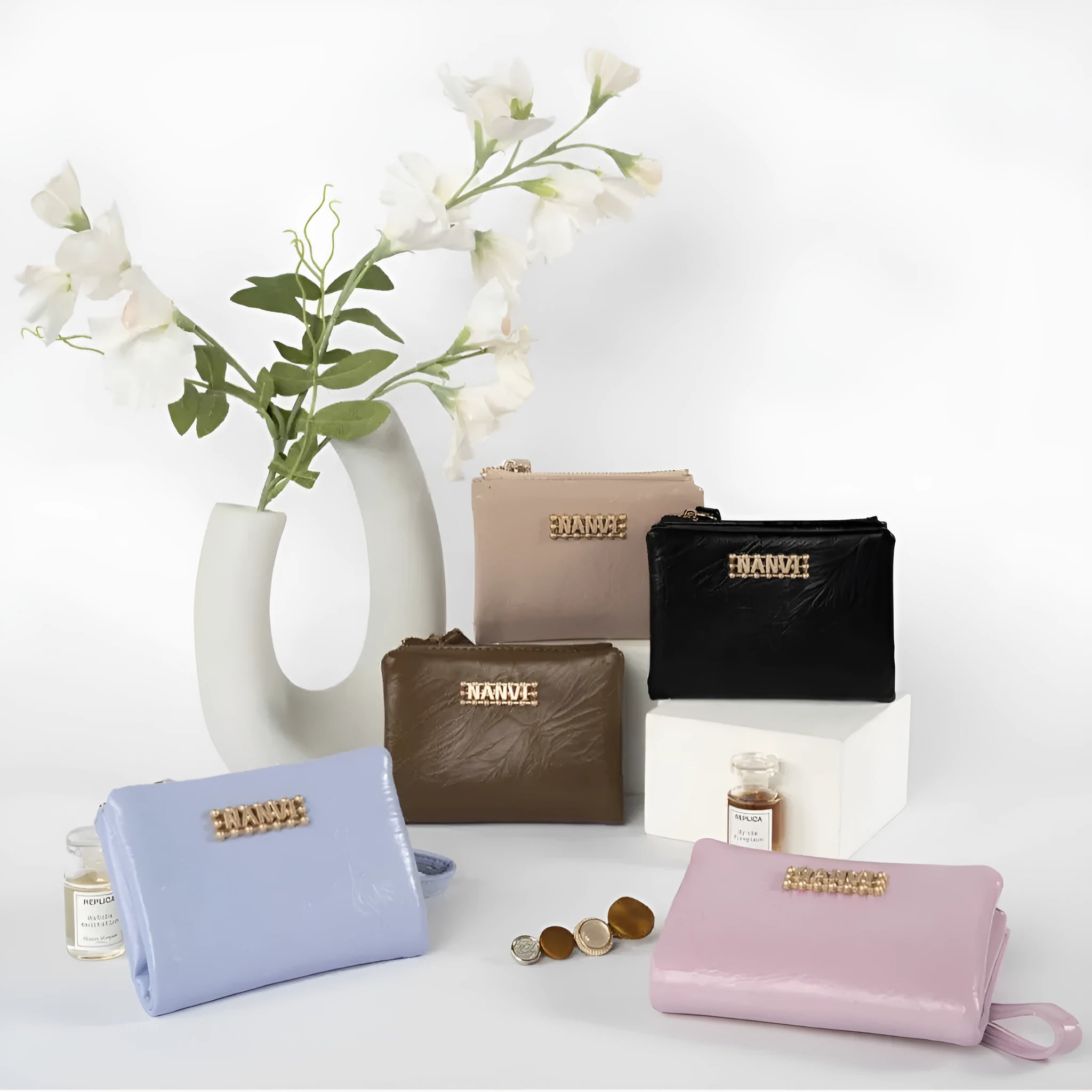 Women's short PU zipper wallet in khaki with stone pattern decorative element, compact design.