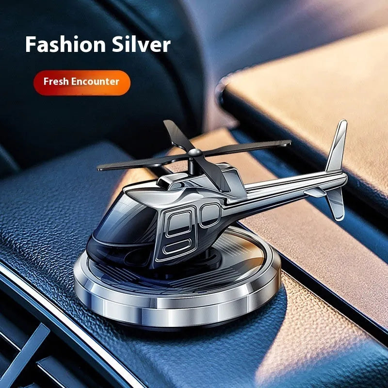 Solar-powered rotating metal helicopter car perfume decoration in silver, black, or blue