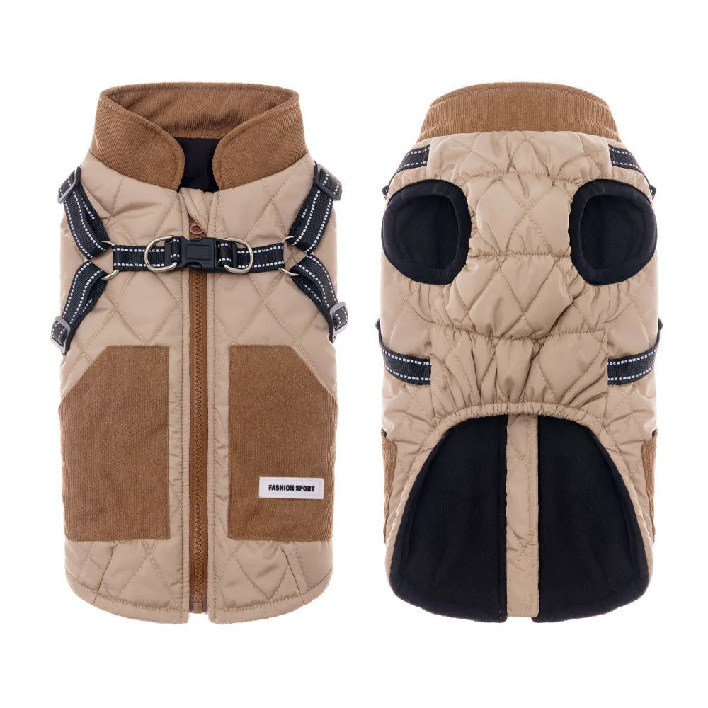 Autumn winter pet clothes small dog waterproof thickened warm jacket in khaki, melon red, and mustard green