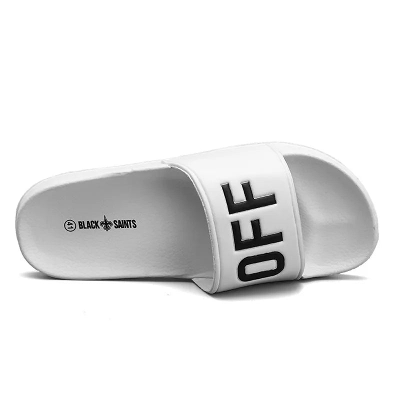 Men's black personalised open toe slippers with rubber sole showing size options
