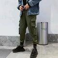 Men's loose fit cotton blend overalls in black, straight leg, mid waist, tether closure