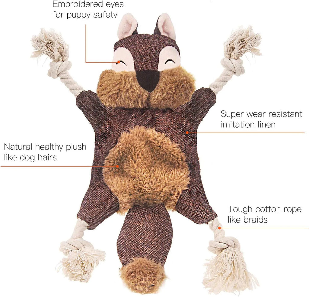 Brown fox dog toy with embroidered eyes, cotton rope arms and legs, squeaker in head